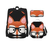 Migpkd Sac d'école motif tête de renard de dessin animé, trousse à crayons, sac à déjeuner, sac à dos pour enfants