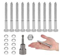 MIGUBIGU 10 PCS Vis à Bois Tête Hexagonale Inox Autoperceuse M10*50 mm, Tirefond Beton avec Rondelles et Clé à Six Pans, Vis Tire-Fond Avancées Tête Hexagonale, Tirefond Inox pour Assembler le Bois