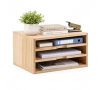 MIGUBIGU Organisateur de Bureau Bois Massif 35×24×18CM, Rangement Bureau Bois avec 3 Compartiments, Boite Rangement Documents A4 per Ufficio Casa Libri, Couleur Naturel