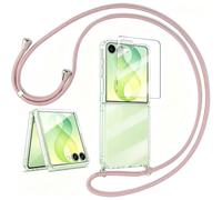 MIHUTU Coque pour Samsung Galaxy Z Flip 8 Transparente avec Cordon, Set avec Film Écran Externe, PC Dur + TPU Souple Anti-Jaunissement Housse Fine Antichoc, Rose