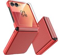 Miimall Étui pour Samsung Galaxy Z Flip 7,[Verre Trempé HD][Cache-Charnière], Solide Rigide Slim Intégrale Anti-Trace Anti-Rayures Antichoc Coque Samsung Z Flip 7, Texture Quadrillée (Rouge)