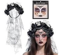 Miioto Serre Tête Dia de los Muertos, Couronne Fleur Halloween, Dia de los Muertos Femme Bandeau halloween Avec Voile halloween+Diamant Du Visage, Geeignet für Karneval und Party, Rollenspielzubehör