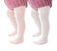 Miipat Collants pour Bébés Filles, Lot de 2 Collants à Motifs Ajourés Résille Fantaisie Enfants Élastiques Doux pour L'école La Danse ou Les Fêtes(Aiguille pin Blancrose,18-24Mois)