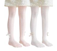 Miipat Collants pour Bébés Filles, Lot de 2 Collants à Motifs Ajourés Résille Fantaisie Enfants Élastiques Doux pour L'école La Danse ou Les Fêtes(Noeud Blancrose,18-24Mois)