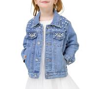 Miipat Veste en Jean Fille en Bas Âge Pearl Décorer Manches Longues Boutons Patchs Denim Blousons Enfants Manteau en Jean Bébé Fille Tenue Décontractée pour Fille 150 10-11 Ans