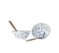 MIJ Europe Set de 4 bols en céramique avec motif chat Maneki Blanc et bleu 15 cm de diamètre, 400 ml, 2 paires de baguettes, 1 paire de bols pour 2 personnes