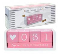 MIJOMA Calendrier de compte à rebours annuel en bois - Calendrier de table permanent avec cubes décoratifs - Jusqu'à 432 jours pour des occasions spéciales (blanc/rose - Édition allemande, environ 18