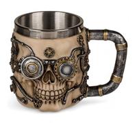 MIJOMA Chope à bière avec tête de mort 3D Steampunk Skull - Tasse élégante en pierre artificielle avec insert en acier inoxydable, 400 ml (Chrono)