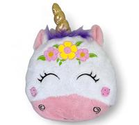 MIJOMA Coussin décoratif en peluche en forme de licorne, blanche, mignonne licorne brodée avec crinière violette et corne métallique brillante, 28 x 25 x 10 cm, le cadeau parfait pour la licorne