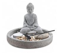 MIJOMA Figurine Bouddha sur plateau en ciment avec porte-bougie, pelle, pierres décoratives et sable - Ensemble jardin zen - Décoration spirituelle pour la paix intérieure et l'harmonie (rond Ø 18 cm)