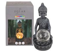 MIJOMA Figurine de Bouddha solaire - Boule en verre LED à couleur de craquelée - Pour jardin et décoration - Étanche - Polyrésine et verre - 20 x 8 cm - Méditation et spiritualité