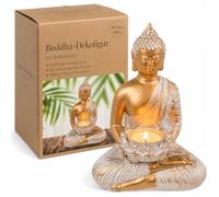MIJOMA Figurine décorative de Bouddha en polyrésine, or et blanc, aspect vintage, 14-34 cm de hauteur, avec photophore en option, calme spirituel et élégance (13,5 x 9 x 19,5 cm, avec photophore)