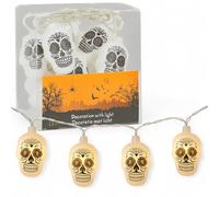 MIJOMA Guirlande lumineuse LED pour Halloween - 10 piles - Décoration de fête - Avec squelette et tête de mort - Lumière blanche chaude (têtes de mort)