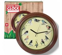 MIJOMA Horloge murale avec sons d'oiseaux - Ø 33 cm - Horloge sonore naturelle avec 12 cris d'oiseaux - Horloge décorative aspect bois - Fonctionne avec piles