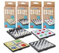 MIJOMA Jeu de voyage 4 en 1 - Magnétique | Échecs Dames, Ludo, TicTacToe | Compact et pliable | Pour 2 à 4 joueurs | Jeux de voyage pour enfants et adultes | Dimensions : 13 x 13 cm