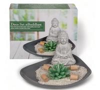 MIJOMA Kit de décoration avec bougie de cactus, Bouddha en ciment, bâtons de décoration en bois et sable décoratif sur assiette en bois gris - Accessoires d'intérieur élégants et tendance pour une