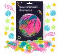 MIJOMA Lot de 100 autocollants muraux phosphorescents - Motif univers magique - Étoiles et planètes phosphorescentes - Couleurs fluo - Avec pastilles adhésives - Pour chambre d'enfant et ciel étoilé