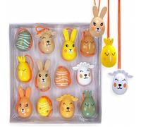 MIJOMA Lot de 12 pendentifs de Pâques en bois - Décoration à suspendre - Œufs de Pâques peints à la main - Lapin, poussin et agneau - Décoration de printemps pour arbuste de Pâques et cadeaux (12)