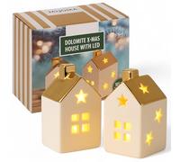 MIJOMA Lot de 2 maisons décoratives LED en dolomite - Maisons de Noël avec lumière blanche chaude - Maisons de Noël en céramique avec toit doré - Fonctionne avec piles - Décoration de Noël pour