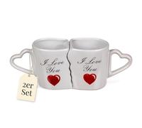 MIJOMA Lot de 2 tasses à café « I love you » - Tasse romantique en forme de cœur - Parfait pour les couples - Faïence - 300 ml - Blanc, MIJ-411085