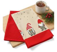 MIJOMA Lot de 2 torchons de cuisine 45 x 70 cm - Design de Noël avec lutins - 1 chiffon piqué gaufré rouge et 1 chiffon en coton avec Xmas GNOME - Set de torchons de cuisine décoratifs et idée cadeau