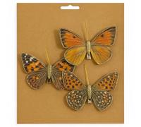 MIJOMA Lot de 3 papillons décoratifs à clip colorés pour décoration festive, polyvalent, pour art floral, mariage, Noël et travaux manuels (orangé doré)