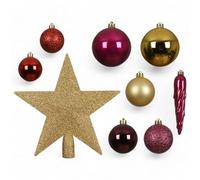 MIJOMA Lot de 33 Boules de Noël - Décoration en Plastique Incassable à Suspendre - 29 Boules et 3 Stalactites - Ornements Décoratifs (Violet-Doré)