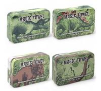 MIJOMA Lot de 4 lingettes magiques - Serviettes magiques pour enfants, cadeau de tombola - 100% coton, se déploie dans l'eau chaude (Dinosaures)