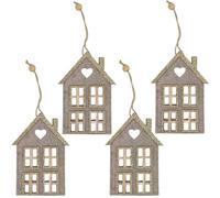 MIJOMA Lot de 4 pendentifs de Noël en feutre - Magnifiques décorations de sapin de Noël - Pour bouquet de l'Avent - Feutre décoré d'éléments en bois et de paillettes - Boucle de suspension (maison 4