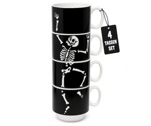 MIJOMA Lot de 4 tasses à café en porcelaine noir et blanc - Capacité : 200 ml - Empilables - Décoration d'Halloween effrayante - Peu encombrante - Hauteur de la tour : 24 cm - Diamètre : 8 cm - Cadeau