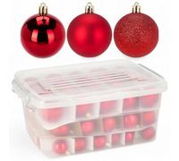 MIJOMA Lot de 70 boules de Noël dans une boîte de rangement pratique - 3 tailles et 3 finitions - Incassables et réutilisables - Idéal pour sapin de Noël et décoration (rouge)