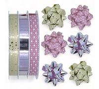 MIJOMA Lot de rubans à friser en poly ruban cadeau avec nœuds cadeaux pour travaux manuels et emballages - Assortiment brillant et mat (3 rouleaux de ruban + 6 nœuds cadeaux, rose - beige - violet)