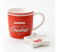 MIJOMA Lot de tasses en porcelaine avec bol en forme d'étoile, tasse de Noël, 350 ml, avec porte-biscuits ou sachets de thé, coffret cadeau pour Noël (rouge, Merry Christmas)