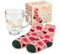 MIJOMA Me Time Verre à thé 350 ml avec 1 paire de chaussettes douillettes | Gobelet transparent avec inscription dorée, motif floral rose, toucher moelleux, coffret cadeau décoratif