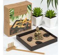 MIJOMA Mini kit de jardin zen avec figurine de Bouddha - Décoration de table pour la pleine conscience et la méditation avec sable, pierres et râteau - Kit de décoration japonais pour bureau et maison