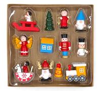 MIJOMA Pendentifs pour arbre de Noël en bois, peints à la main, décorations pour sapin de Noël, lot avec motifs nostalgiques, pendentifs en bois pour décoration de Noël, différents designs (12, 3-5 cm