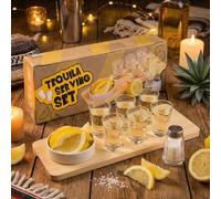 Mijoma Set de 9 pièces pour tequila, planche à tequila, 6 tasses, 1 salière, 1 bol en faïence, plateau de service en bois, support pour verres
