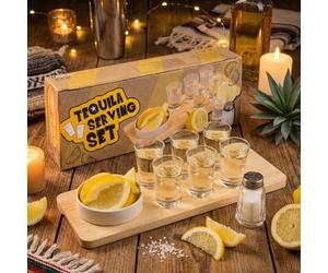 Mijoma Set de 9 pièces pour tequila, planche à tequila, 6 tasses, 1 salière, 1 bol en faïence, plateau de service en bois, support pour verres