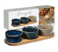 MIJOMA Set de service 4 pièces - Trois bols en faïence dans des tons réactifs - Plateau en bois d'acacia FSC - Pour tapas, sauces et collations (plateau d'environ 29 × 10 × H 1,5 cm)
