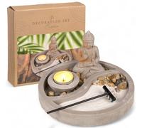 MIJOMA Statue Bouddha sur plat en ciment avec porte-bougie, houe, pierres décoratives et sable - Ensemble jardin zen - Décoration spirituelle pour la paix intérieure et l’harmonie (rond Ø 19 cm)