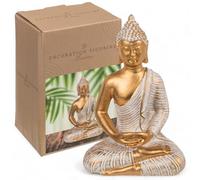 MIJOMA Statuette décorative Bouddha, or et blanc, style vintage, en polyrésine, hauteur 14-34 cm, optionnelle avec porte-bougie - Tranquillité spirituelle et élégance (11 x 9 x 16,5 cm)