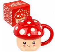 MIJOMA Tasse Kawaii champignon avec couvercle 440 ml - Tasse en dolomite avec visage - Idée cadeau pour les fans de champignons et les amateurs de tendance - Jolie tasse à café au design champignon