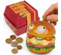 MIJOMA Tirelire Burger avec yeux en céramique - Avec serrure et clé, fente pour pièces de monnaie sur le dessus - Livrée dans une boîte à hamburger - Environ 12 x 11 cm