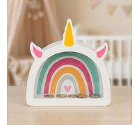 MIJOMA Tirelire en bois avec façade en verre - Cadre décoratif pour cadeau d'argent pour mariage, anniversaire, voyage, etc. - Boîte à monnaie créative (licorne arc-en-ciel - Blanc, 17,5 x 18 x 5 cm)