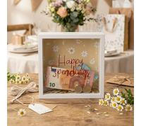 MIJOMA Tirelire en bois avec façade en verre - Cadre d'épargne décoratif pour les cadeaux d'argent pour mariage, anniversaire, voyage et plus - Boîte à monnaie créative (Happy Spendings - blanc, 20 x