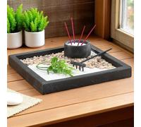 MIJOMA Zen Garden Set de jardin miniature avec porte-encens et râteau, 7 pièces, kit de méditation en ciment, mini jardin de sable japonais, 20 x 20 cm, pour la pleine conscience et la décoration
