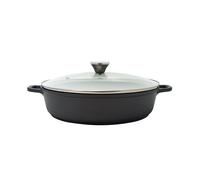 Baumalu, Mijoteuse Basse 32 cm en Fonte d'Aluminium Noir, Intérieur Anti-Adhérent Whitford Xylan Plus, Couvercle en Verre avec Bouton Inox, Compatible Tous Feux y compris Induction