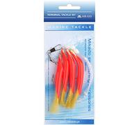 Mikado Bas de Ligne pour Cheveux - Idéal pour cabillaud - avec Tube Rouge et Plumes Jaunes ou Blanches - avec hameçons 1/0 et 3/0 (Bas de Ligne 3/0 - Rouge/Jaune).