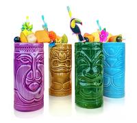 mikamax Tiki Mugs Tiki Tiki Lot de 4 Gobelets à Cocktail Verre Cocktail Accessoires Tiki Bar Décoration Fête 14cm x 6,5 Ø Tiki Cocktail Party Party