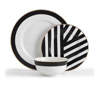 Mikasa Luxe Deco Service de table en porcelaine 12 pièces, service de table pour 4 avec impression géométrique - 4x assiettes plates, 4x assiettes d'accompagnement et 4x bols